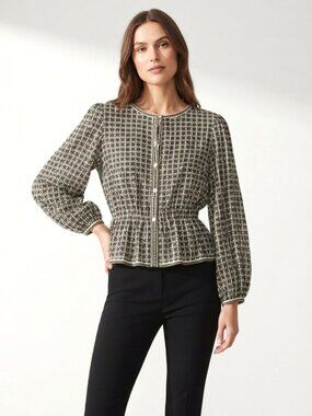 Max Studio Peplum Bishop Sleeve Blouse Black Cream Size L NWT
